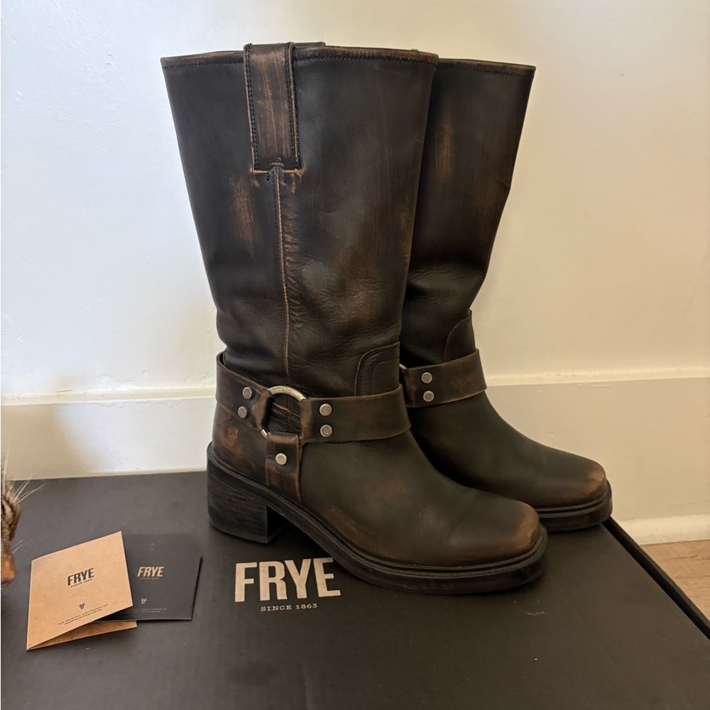 Frye Distressed Brown Leather Harness Mid-Calf Boot with Block Heel - Picture 2 of 6